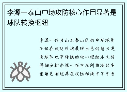李源一泰山中场攻防核心作用显著是球队转换枢纽