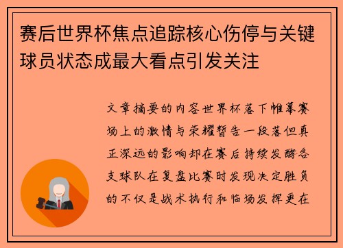 赛后世界杯焦点追踪核心伤停与关键球员状态成最大看点引发关注